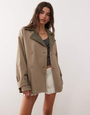 Monki Monki reversible short trench coat jacket with contrast brown collar in tan-Neutral
