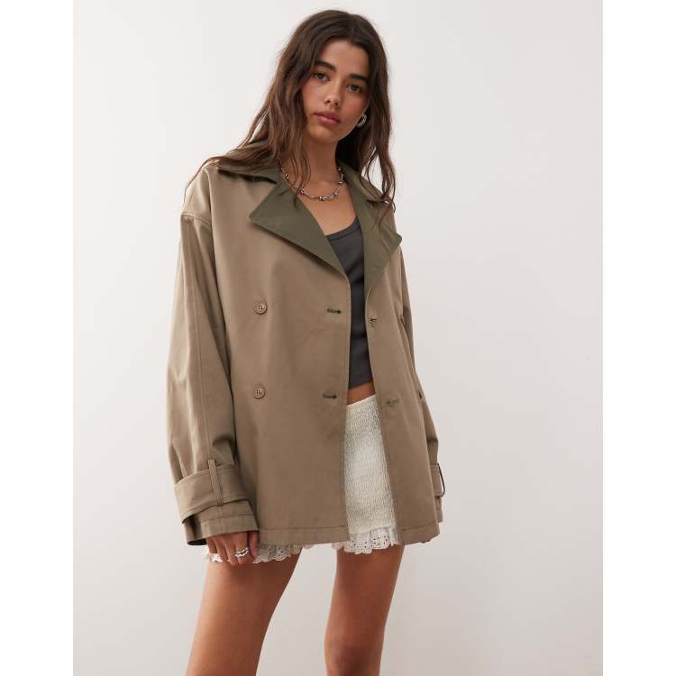 Monki reversible short trench coat jacket with contrast brown