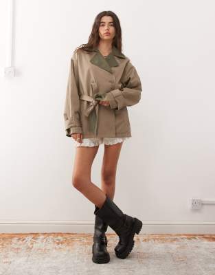 Monki Reversible Short Trench Coat With Contrast Brown Collar In Neutral
