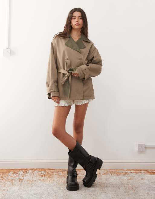 Monki reversible short trench coat with contrast brown collar in tan