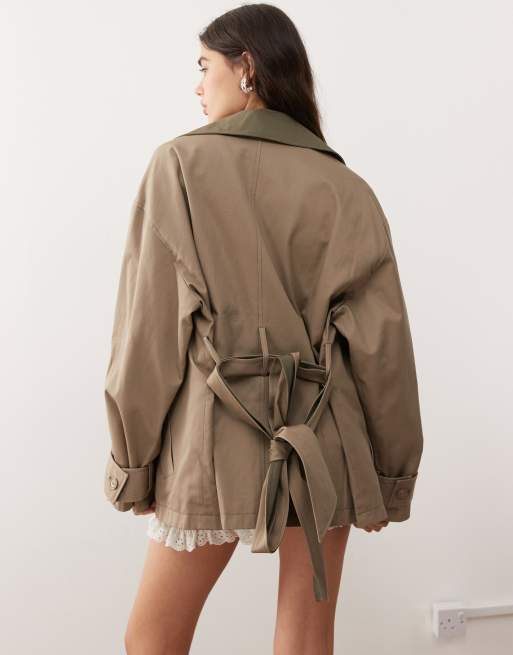 Monki reversible short trench coat with contrast brown collar in tan