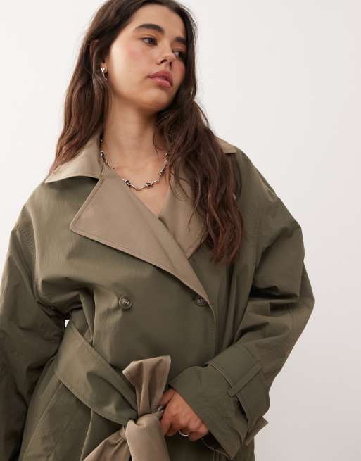 Monki reversible short trench coat with contrast brown