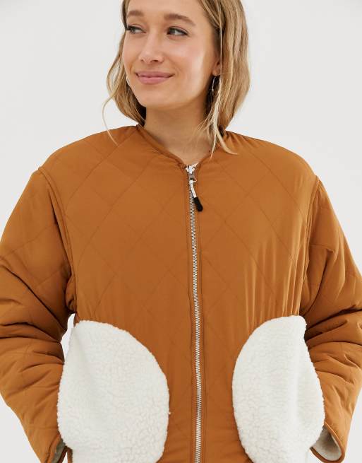 Monki REVERSIBLE short zip through jacket in dusty white and beige | ASOS
