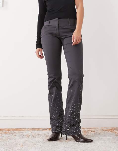 Monki rhinestone embellished tailored stretch flared pants in dark gray - view 1