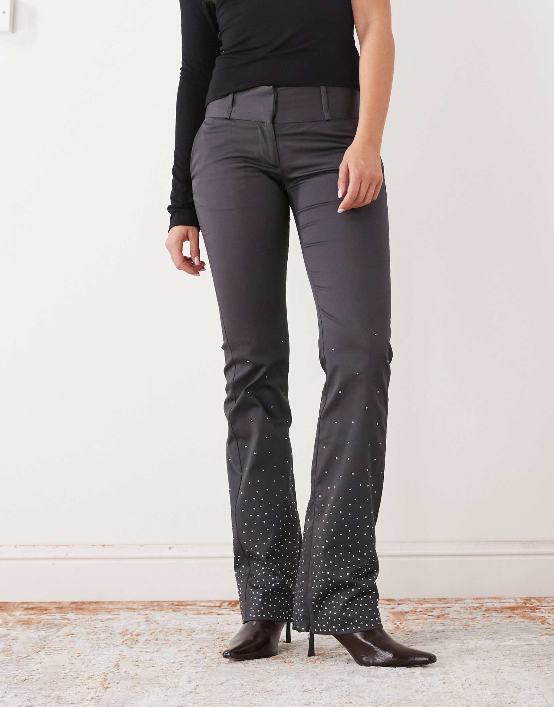 monki rhinestone embellished tailored stretch flared pants in dark gray