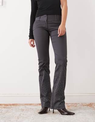 Monki rhinestone embellished tailored stretch flared trousers in dark grey