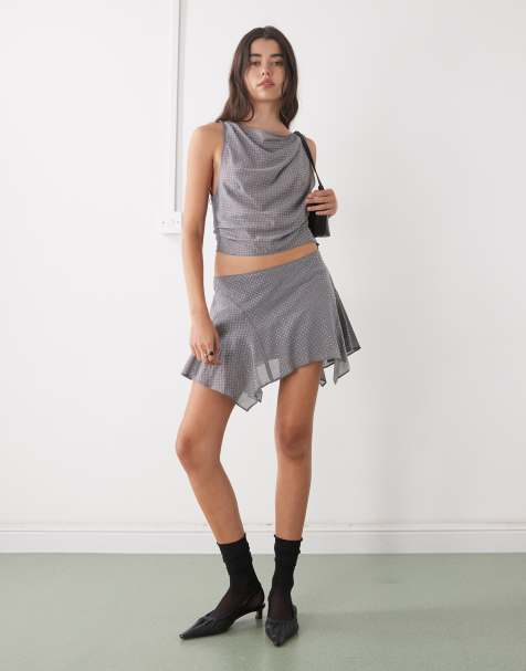 Monki rhinestone flippy mini skirt in dark grey (part of a set) - view 1