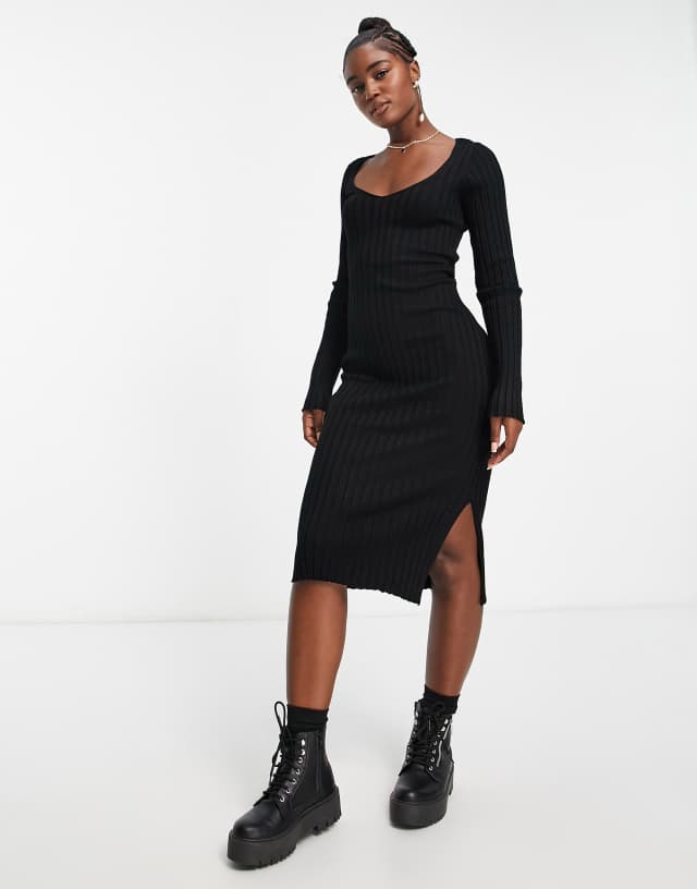 Monki rib knit body-conscious midi dress in black