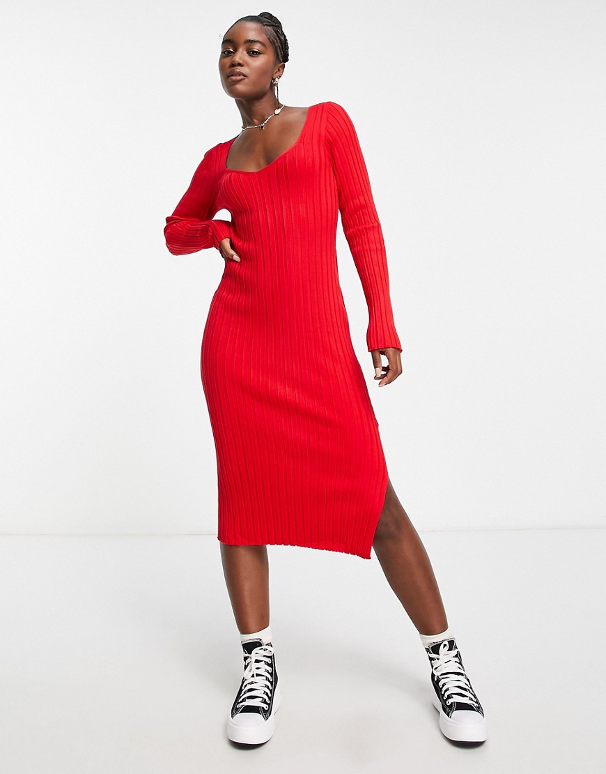 Monki rib knit body-conscious midi dress in red