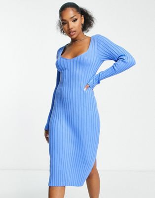 Monki rib knit bodycon midi dress in blue