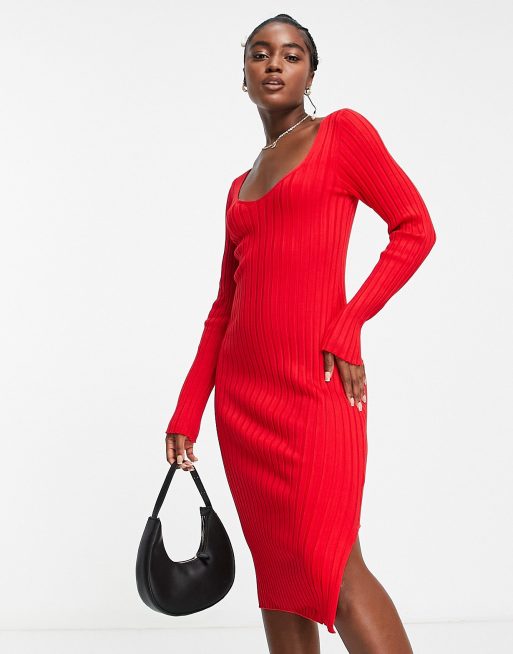 Rib-knit Dress - Red - Ladies