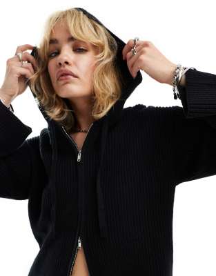 Monki Rib Knit Hoodie Zip-up Cardigan In Black