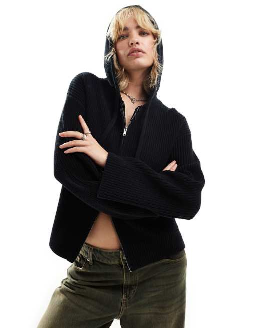 Monki rib knit hoodie zip-up cardigan in black | ASOS