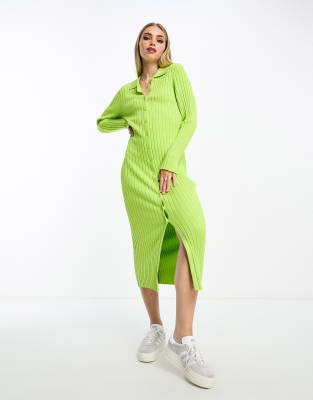 Monki Rib Knit Polo Maxi Dress In Green