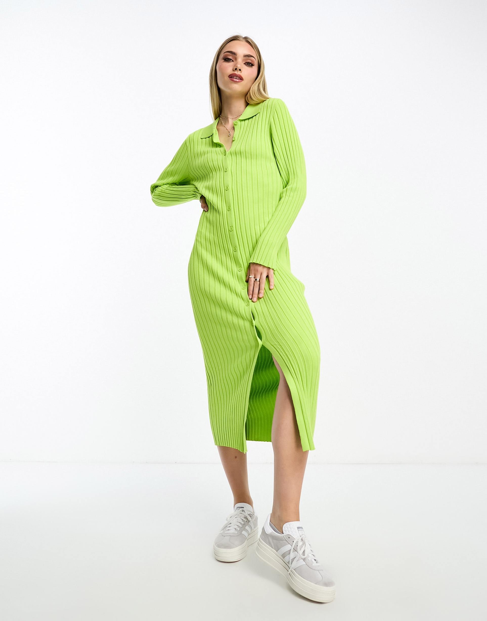 monki rib knit polo maxi dress in green