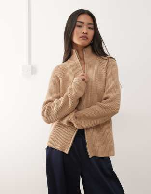 Monki Rib Knit Two-way Zip Cardigan In Brown