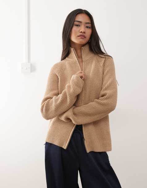Monki rib knit two-way zip cardigan in beige - view 1