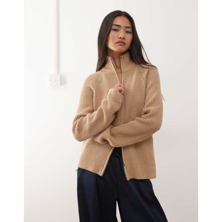 Monki rib knit two-way zip cardigan in beige | ASOS