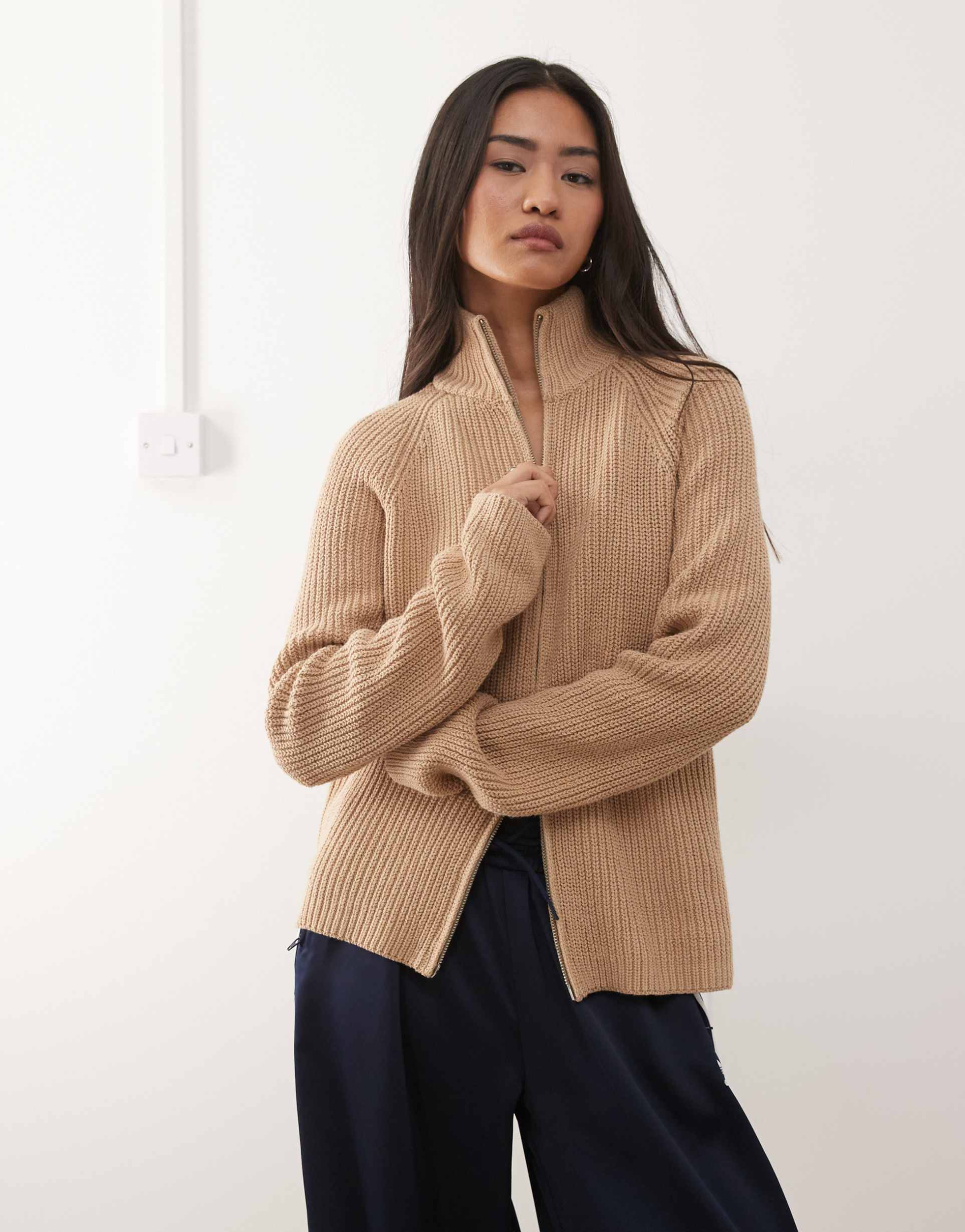 monki rib knit two-way zip cardigan in beige