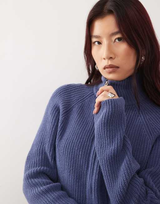 Monki rib knit two way zip cardigan in blue, 3 of 4