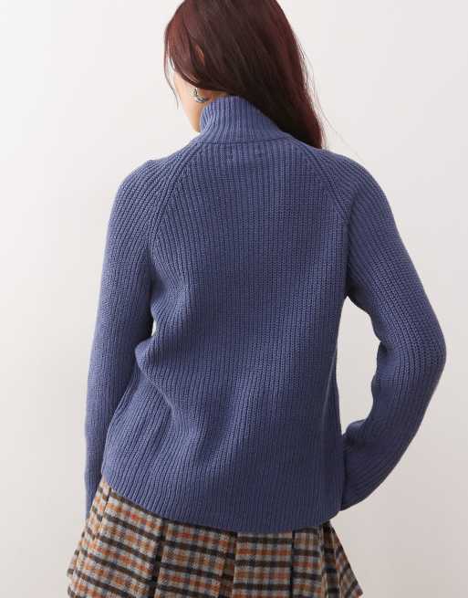 Monki rib knit two way zip cardigan in blue, 4 of 4