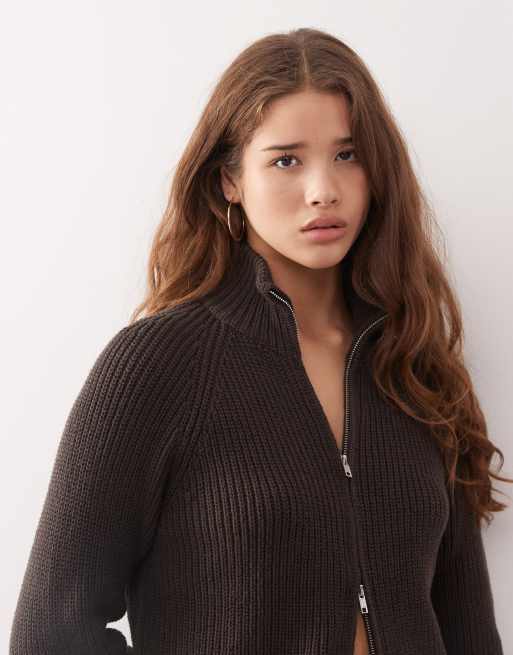 Monki - Gilet en maille côtelée avec fermeture éclair double sens - Gris anthracite