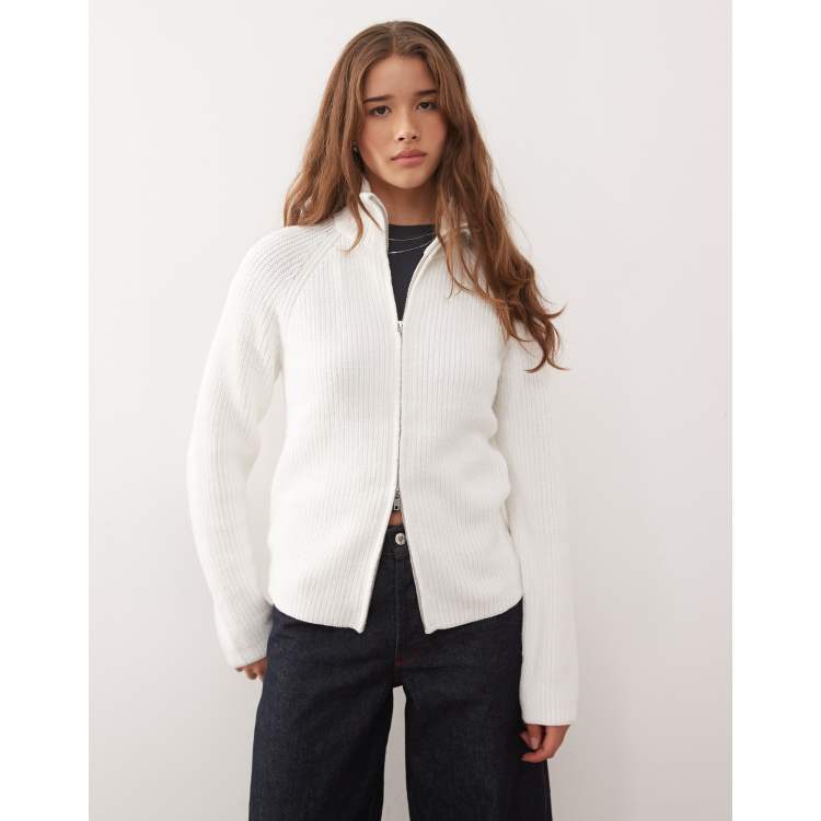 Monki rib knit two way zip cardigan in ecru | ASOS