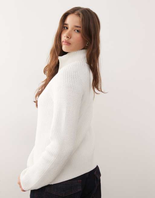Monki rib knit two way zip cardigan in ecru, 3 of 4