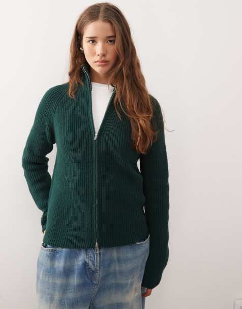 Monki rib knit two way zip cardigan in forest green - view 1