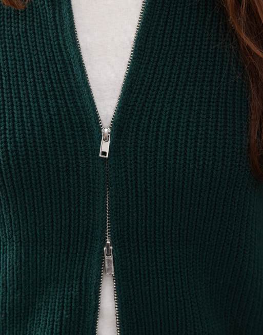 Monki rib knit two way zip cardigan in forest green