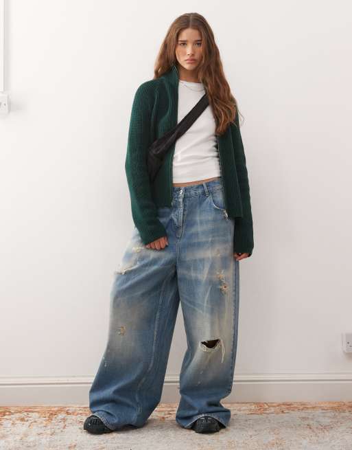 Monki rib knit two way zip cardigan in forest green