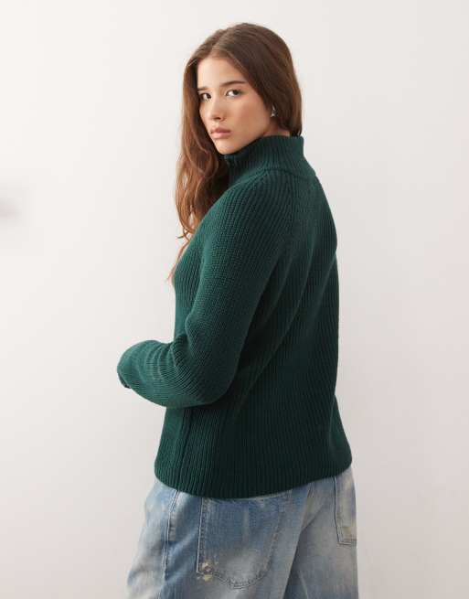 Monki rib knit two way zip cardigan in forest green