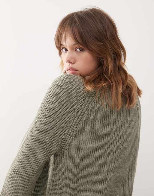 Monki rib knit two way zip cardigan in khaki green