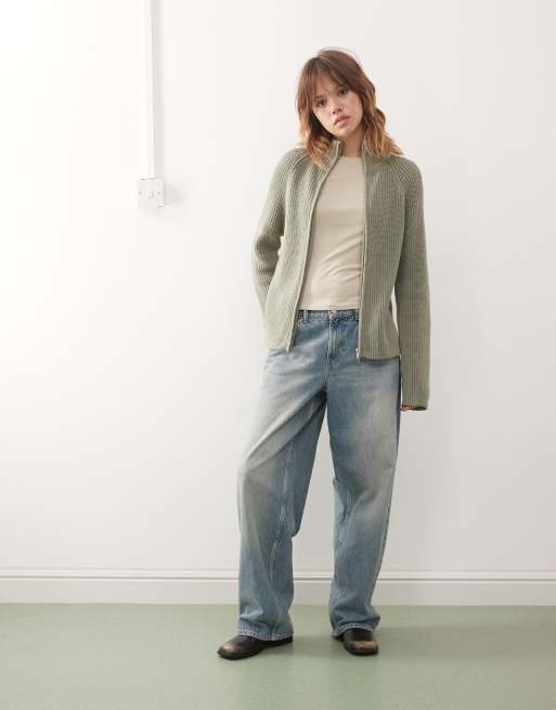 Monki rib knit two way zip cardigan in khaki green