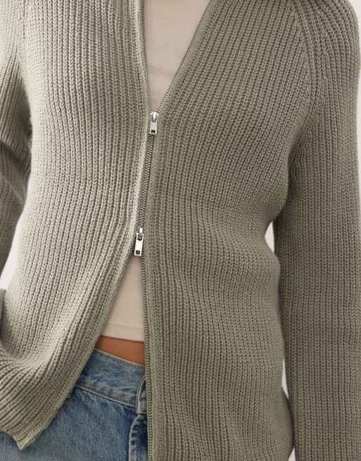Monki rib knit two way zip cardigan in khaki green