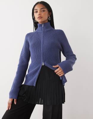 Monki rib knit two way zip cardigan in petrol blue | ASOS