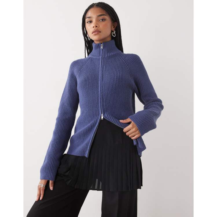 Monki rib knit two way zip cardigan in petrol blue | ASOS
