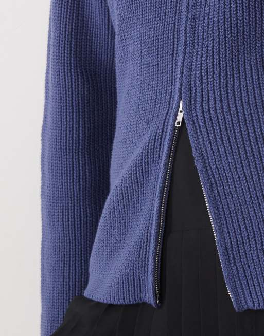Monki rib knit two way zip cardigan in petrol blue