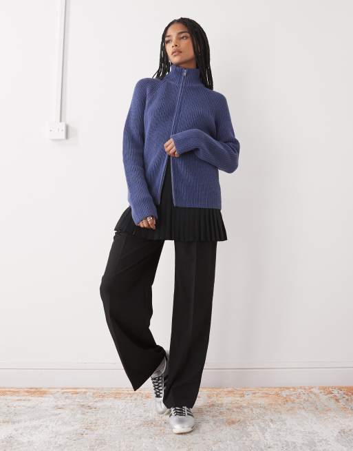 Monki rib knit two way zip cardigan in petrol blue