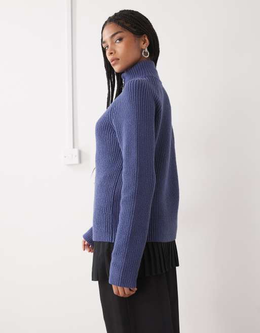 Monki rib knit two way zip cardigan in petrol blue