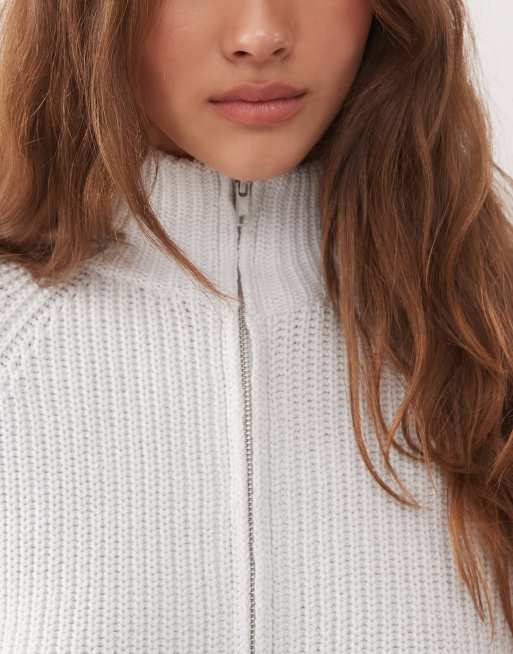 Monki rib knit two way zip cardigan in soft gray