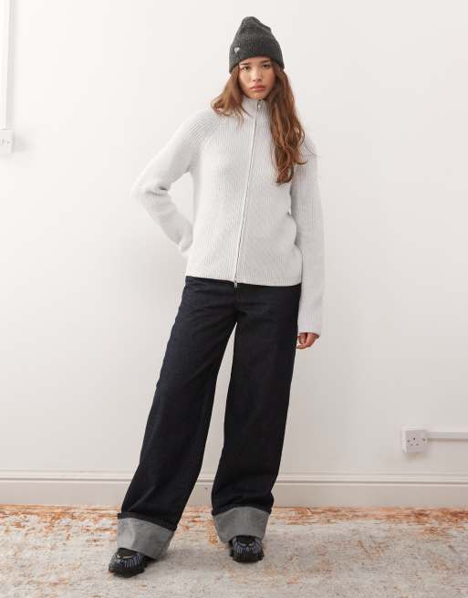 Monki rib knit two way zip cardigan in soft gray