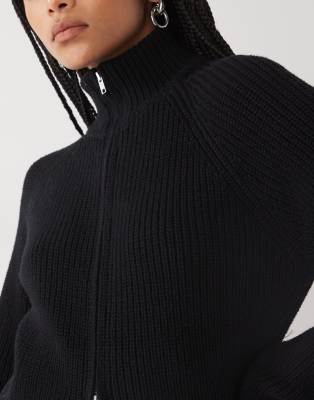 Monki Rib Knit Two Way Zipper Cardigan In Black