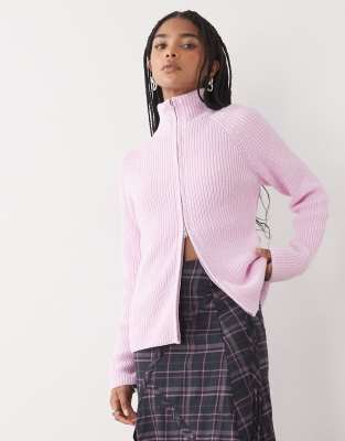 Monki rib knit two way zipper cardigan in dusty pink | ASOS