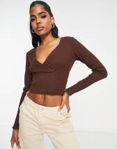 ASOS DESIGN gathered bust detail long sleeve top in chocolate | ASOS