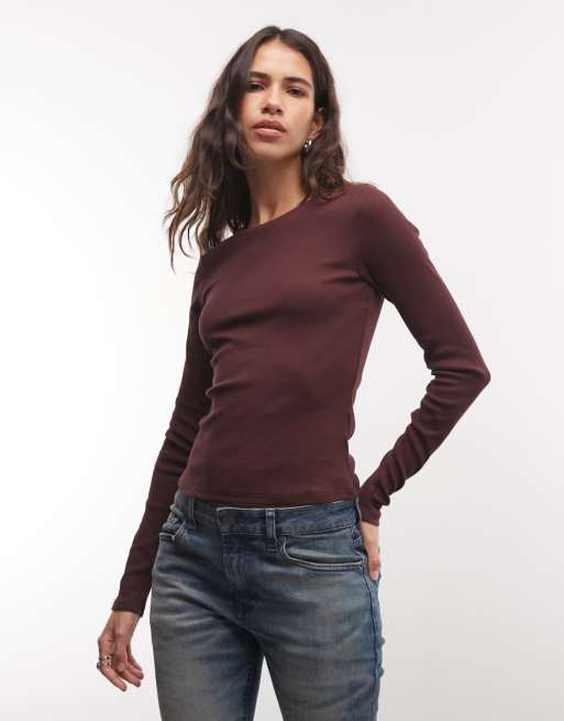 Monki ribbad topp med långa ärmar i burgundy, 3 av 4