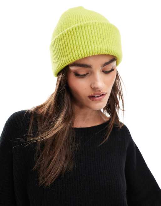 Monki ribbed beanie hat in lime green | ASOS display picture 1
