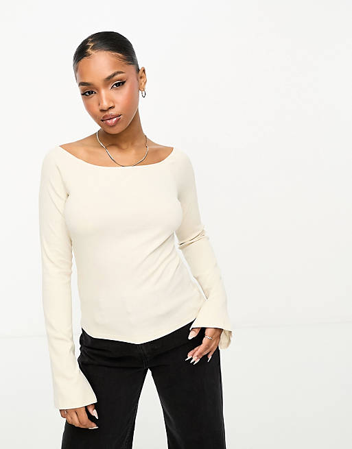 Monki ribbed boat neck long sleeve top with slits in off white | ASOS