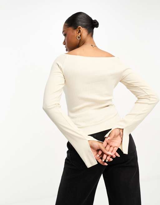 Monki ribbed boat neck long sleeve top with slits in off white