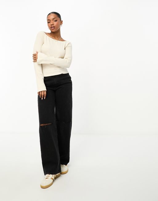 Monki ribbed boat neck long sleeve top with slits in off white